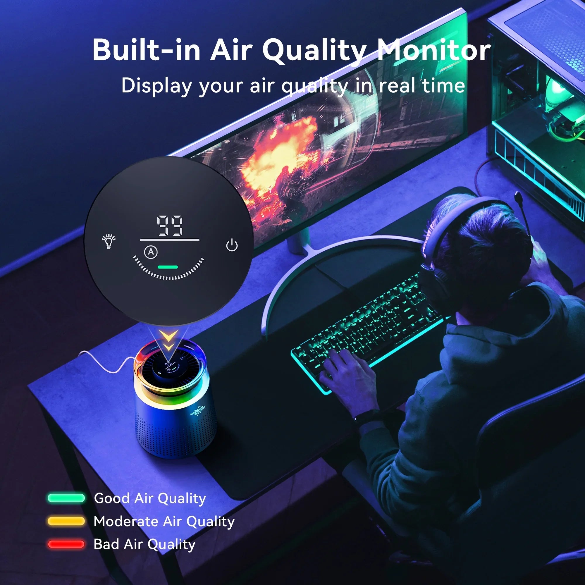 Membrane Solutions MSB5 Air Purifier for Allergies and Asthma, H13 True HEPA Filter, LED Light, Black