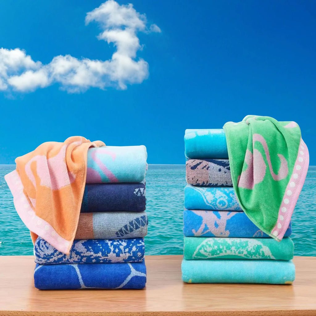 Outstanding Bay Home Cotton Printed 2-Pack Beach Towel (2 Pack - 30" x 60", Seahorse Blue / Yellow)