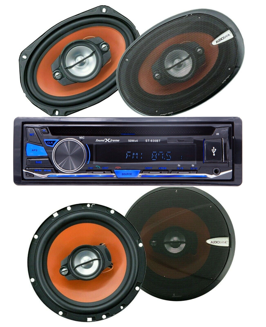 SoundXtreme Bluetooth Car Receiver USB SD FM +4x Audiobank 6x9" & 6.5" Speakers Bundle