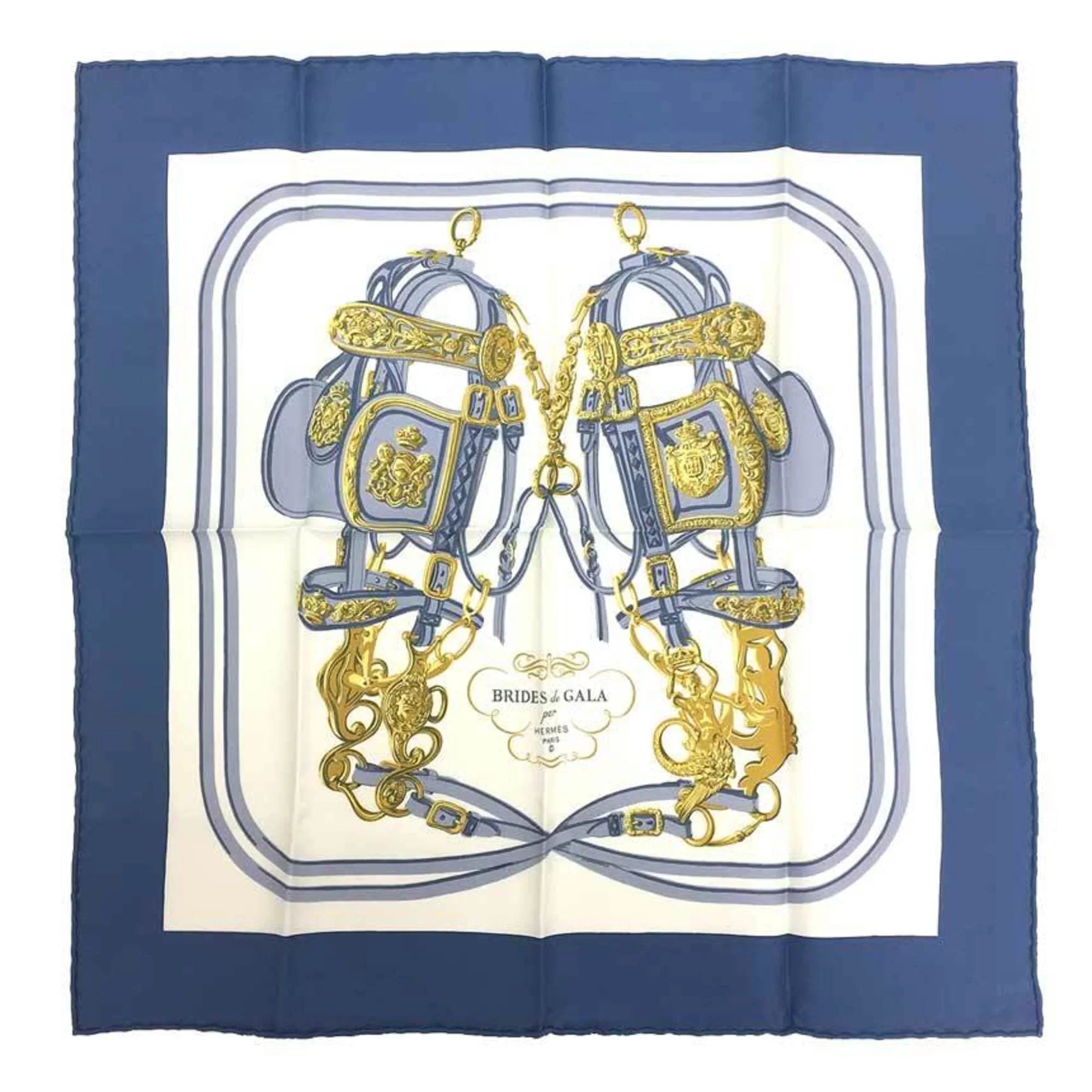 Pre-Owned HERMES Hermes Carre 45 Scarf Muffler BRIDES de GALA (ceremonial bridle) White x Blue 100% Silk (Like New)