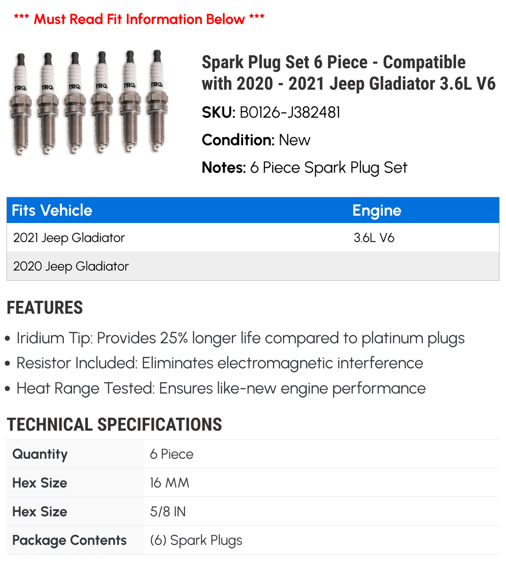 Spark Plug Set 6 Piece - Suitable with 2020 - 2021 Jeep Gladiator 3.6L V6