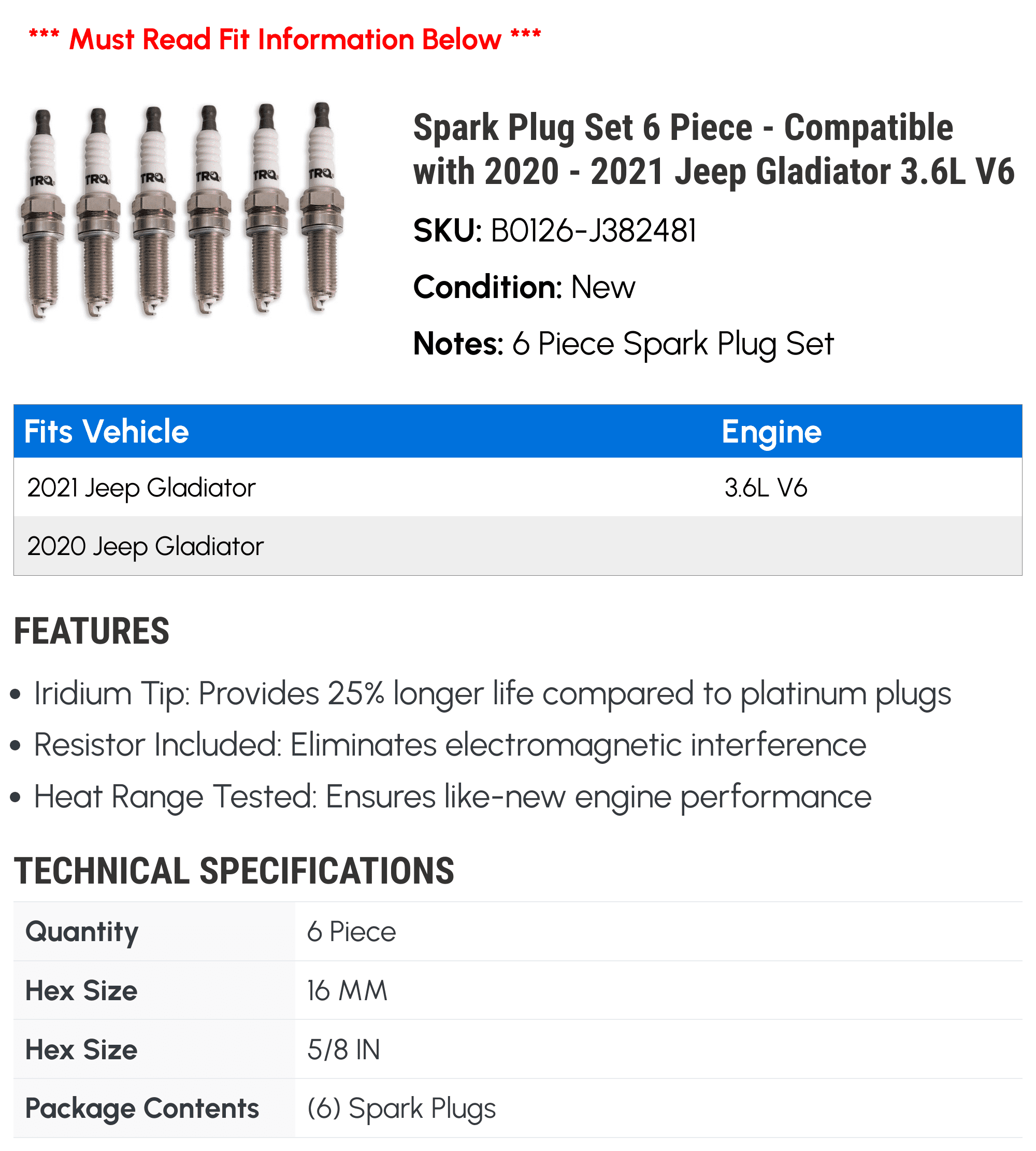 Spark Plug Set 6 Piece - Suitable with 2020 - 2021 Jeep Gladiator 3.6L V6