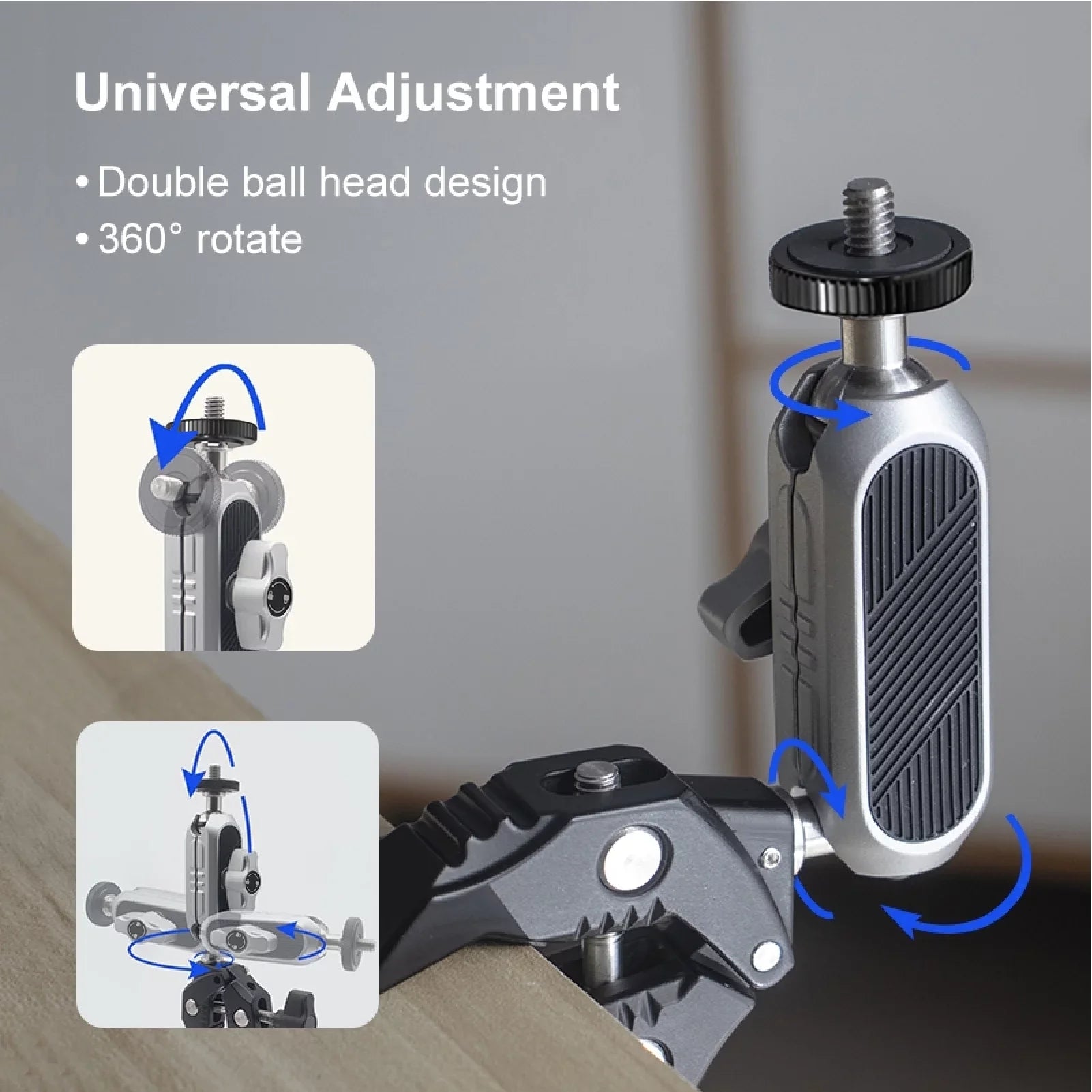 Aluminum Alloy Camera Mount Clamp - Bicycle Handlebar Adapter, 1.5kg Load Capacity, Dual Rotatable Ball Head, Adapter, Matching with AKASO, DJI, Hero 11/10/9/8/7, Insta360