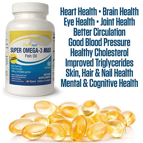Fortifeye Vitamins Super Omega-3 Max Fish Oil, Lemon Flavor, Natural Triglyceride, 1200 EPA / 900 DHA Per Serv.- 30 Day, 60 Max Softgel Capsules