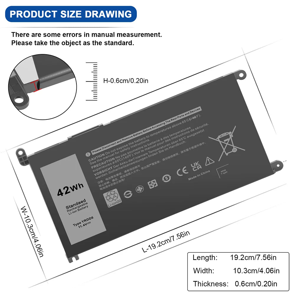 For Dell Inspiron 14 5481 5482 5485 5491 2-in-1 3-Cell 42Wh Laptop Battery YRDD6