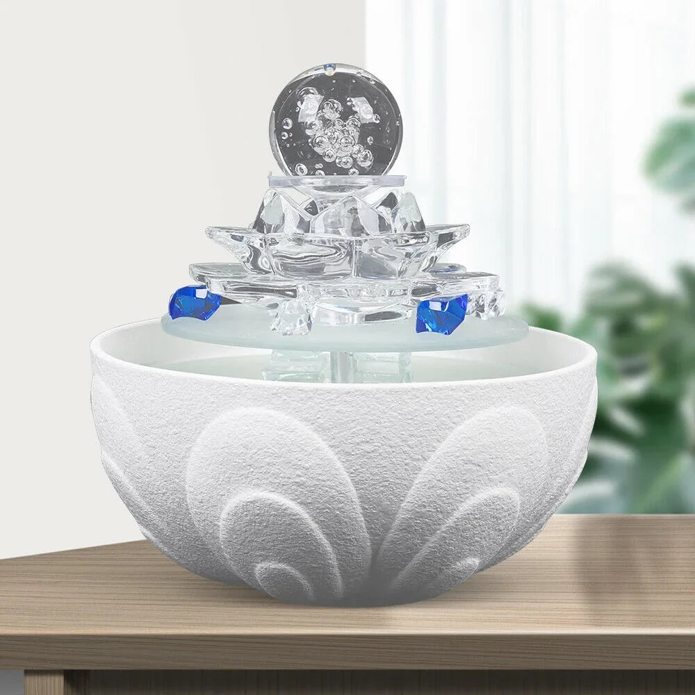 Desktop Water Fountain, Teahouse Desktop White Crystal Lotus Fountain Ornament Flowing Water Decor Office Waterfall Tabletop Fountain