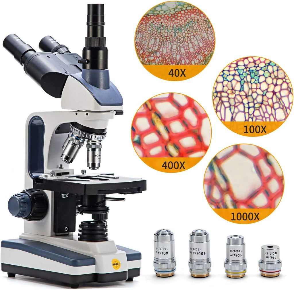 SWIFT Trinocular Compound Microscope SW350T, Magnification,Siedentopf Head,Research-Grade,Two-Layer Mechanical Stage,1.3mp Camera and Software Windows and Mac Matching