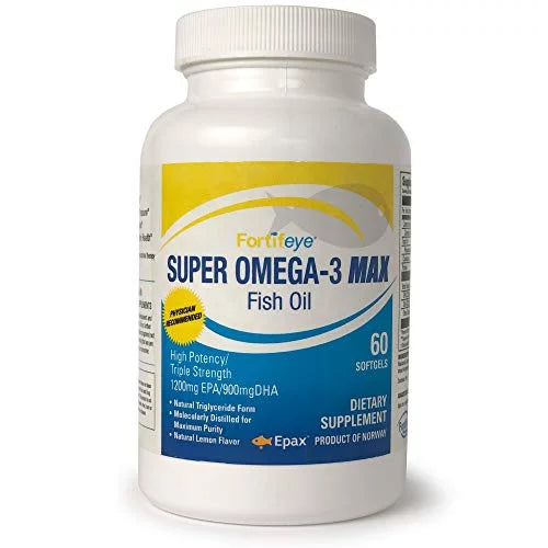 Fortifeye Vitamins Super Omega-3 Max Fish Oil, Lemon Flavor, Natural Triglyceride, 1200 EPA / 900 DHA Per Serv.- 30 Day, 60 Max Softgel Capsules