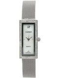 ladies silvertone mesh watch with a crystal row surrounding a mother of pearl dial