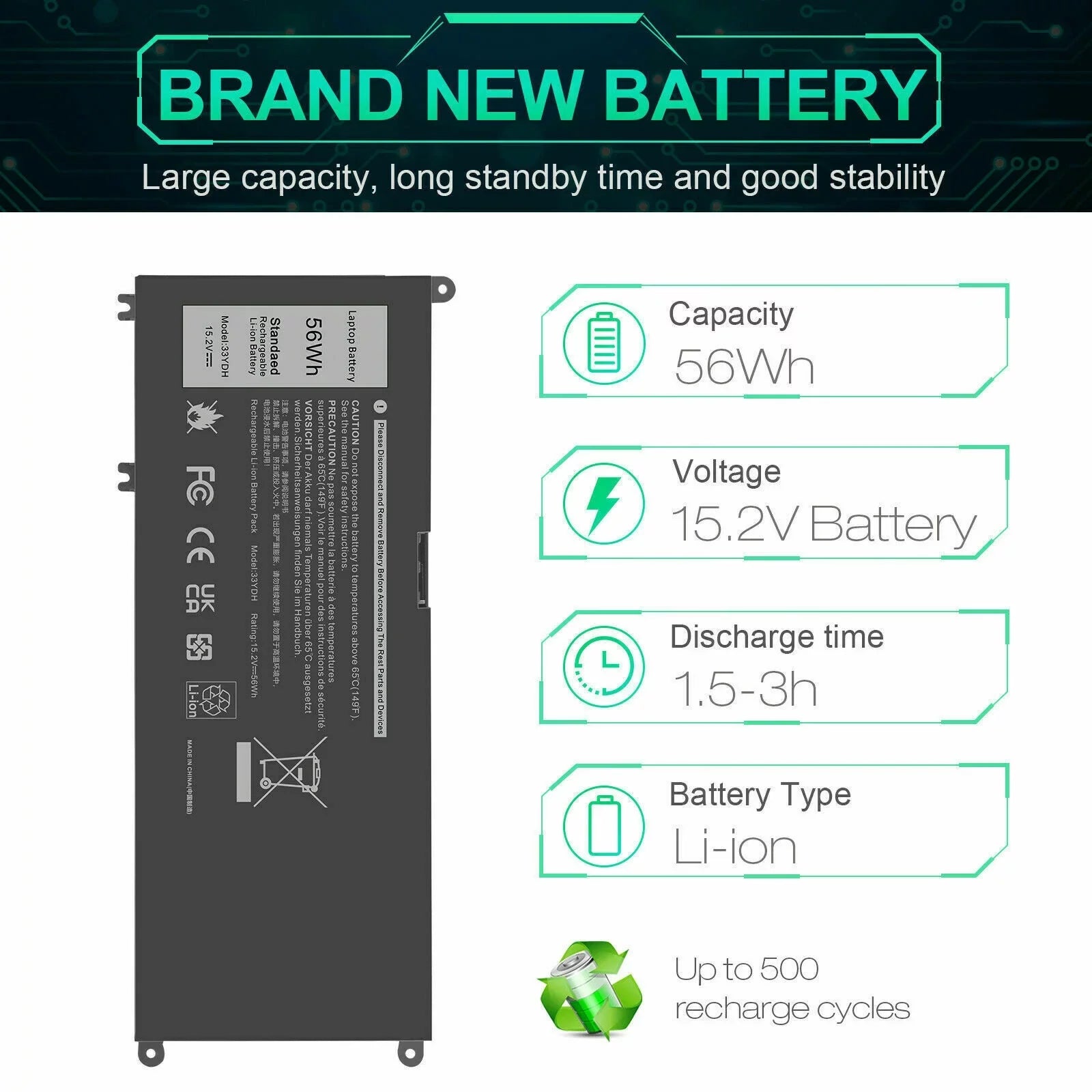 For Dell Latitude 3580 3590 Inspiron 7779 7786 Laptop 56Wh 4-Cell Battery 33YDH