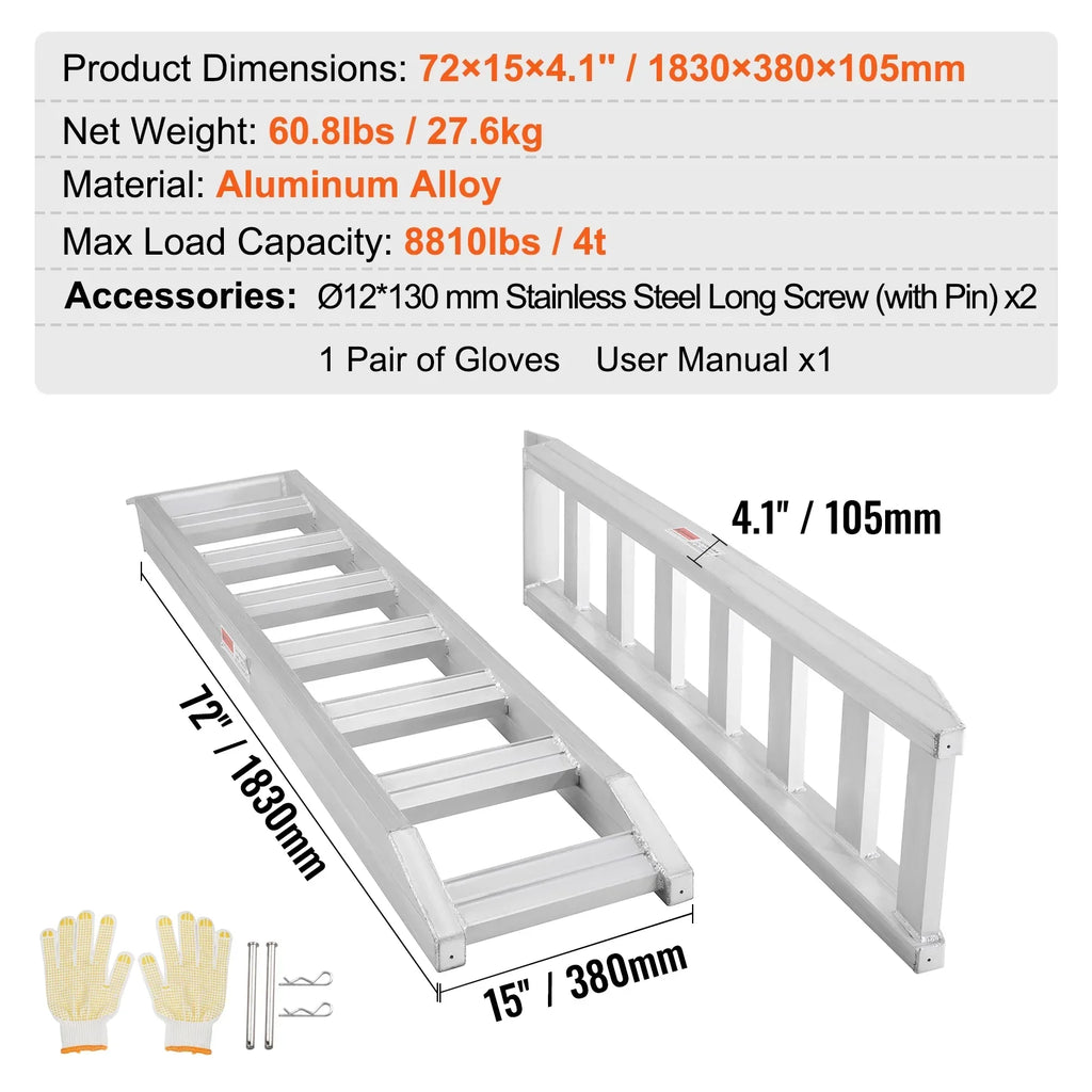 BENTISM Aluminum Truck Loading Ramps 8810 lb/4 Ton 72" x 15" Strong Flat Ends Non-slip Portable Truck Ramps for Tractors ATVs UTVs Motorcycles Vehicle