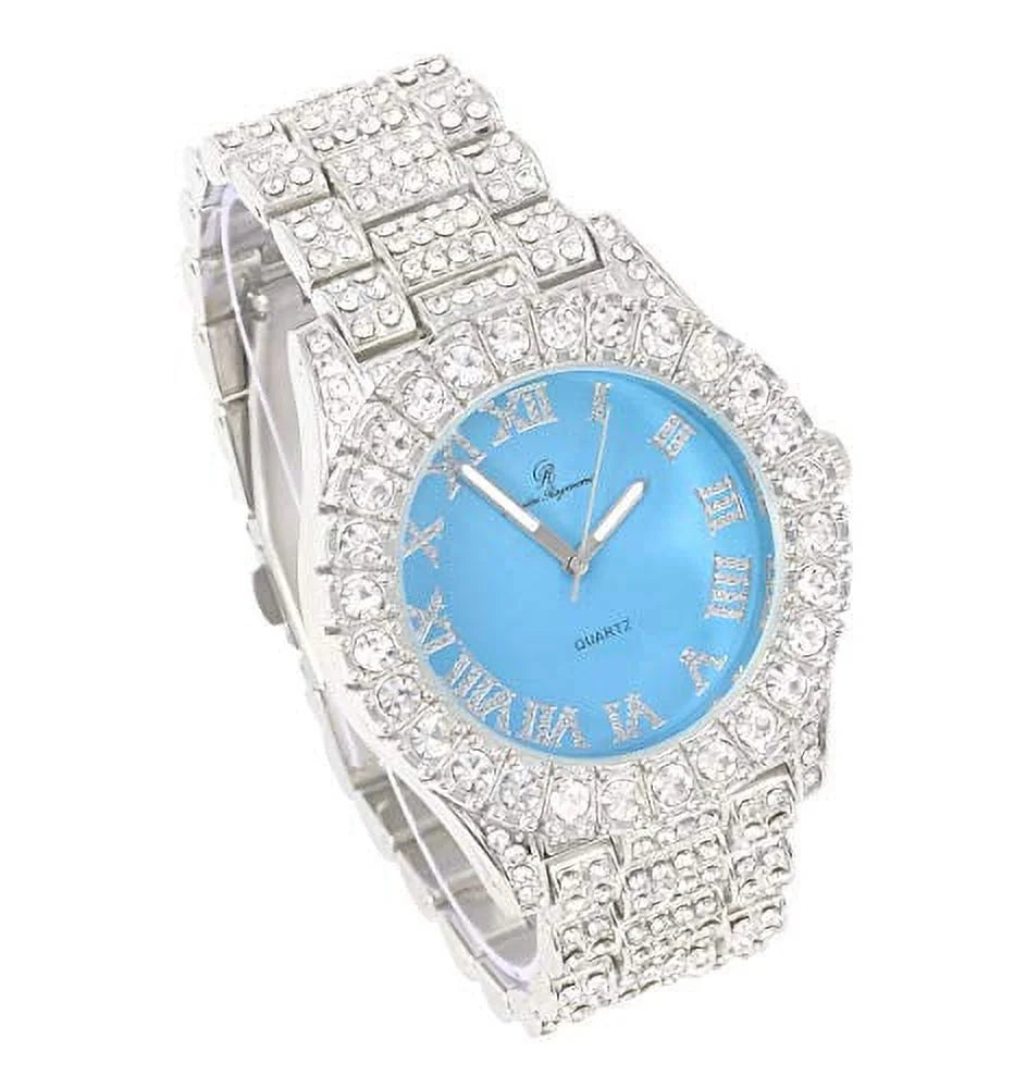 Mens Silver Big Rocks with Roman Numerals Fully Iced Out Colorful Dial Watch w/Bling'ed Out Cuban Shiny Silver Bracelet - ST10327 RN Cuban (Silver Baby Blue)