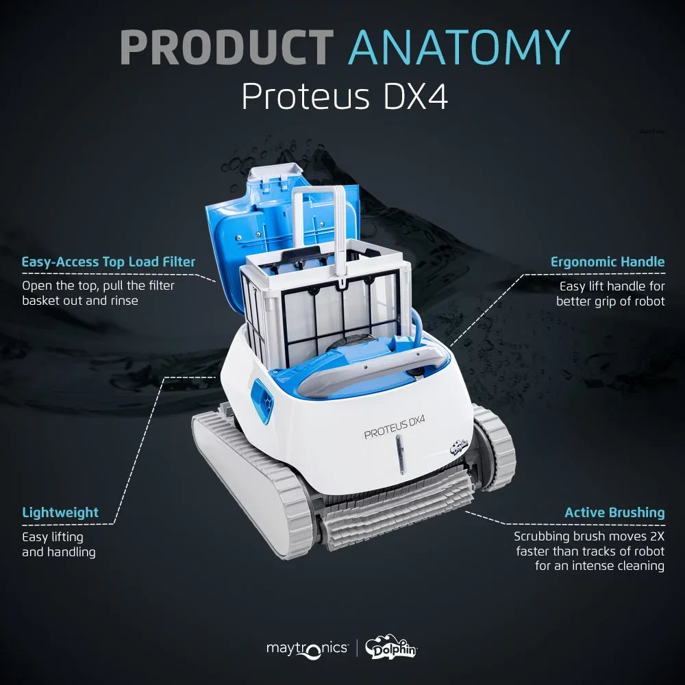 Dolphin Proteus DX4 Robotic Pool Vacuum Cleaner — Wall Climbing Capability — Powerful Waterline Scrubbing — Excellent for All Pool Types up to 50 FT in Length