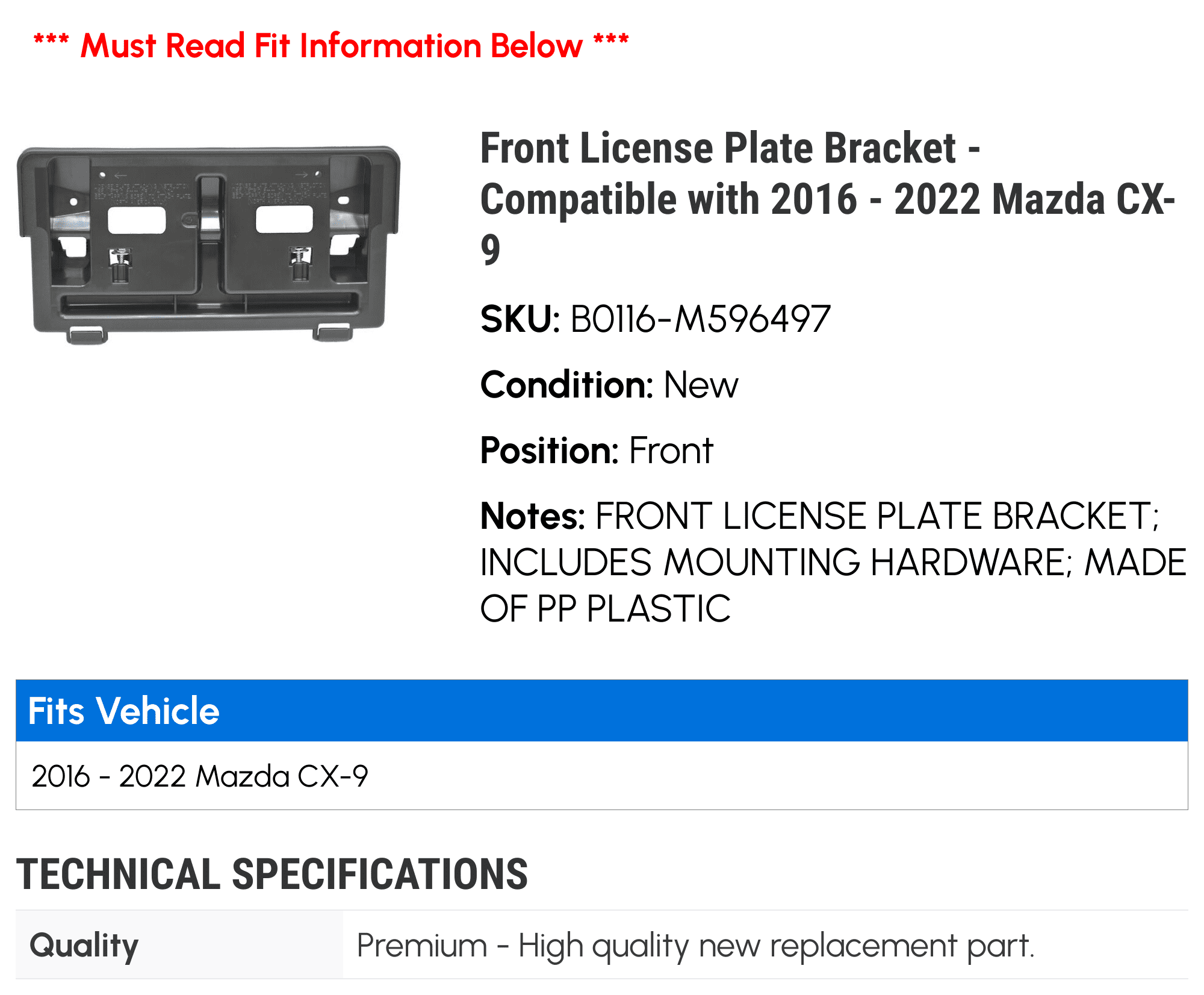 Front License Plate Bracket - Fitting with 2016 - 2022 Mazda CX-9 2017 2018 2019 2020 2021