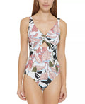 DKNY WHITE MULTI Twist-Front Cutout One-Piece Swimsuit, US 10