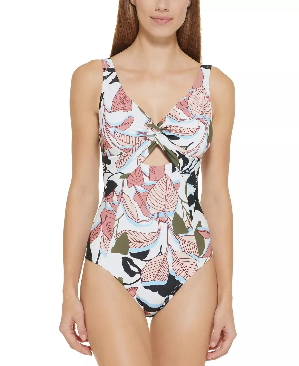DKNY WHITE MULTI Twist-Front Cutout One-Piece Swimsuit, US 10