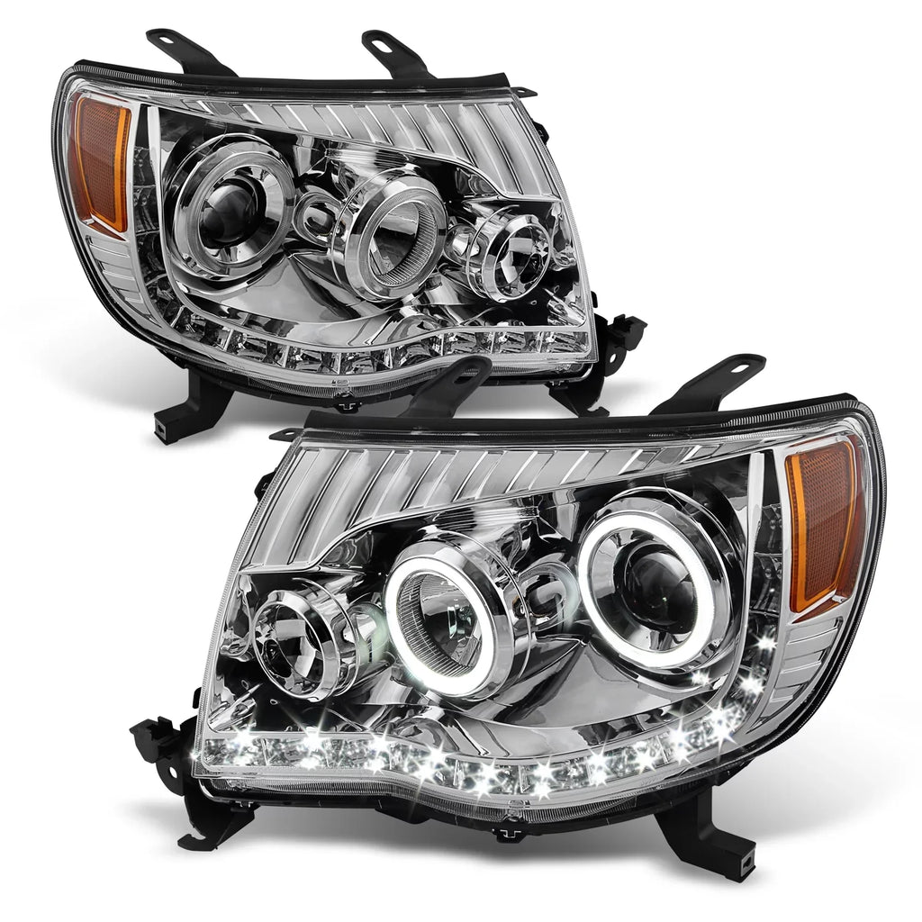 AKKON - For Toyota Tacoma Chrome Clear Dual Halo Ring DRL Daylight LED Projector Headlights Replacement Pair