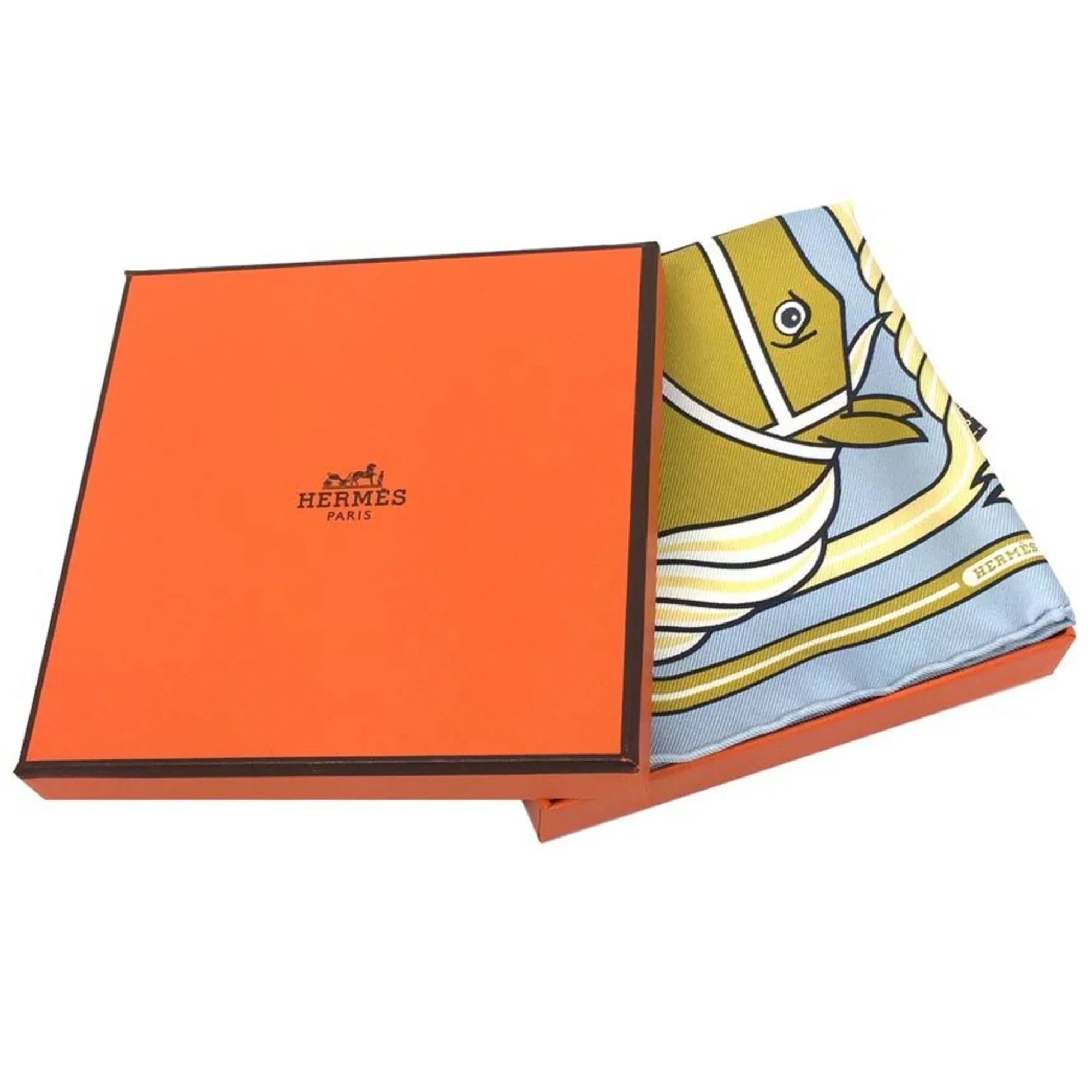 Pre-Owned HERMES CARRE NO Quadrige Horse 331061S Karenna Kare 20 Nano Scarf Muffler Blue Ciel/Gold/Blue Jean 100% Silk Hermes (Like New)
