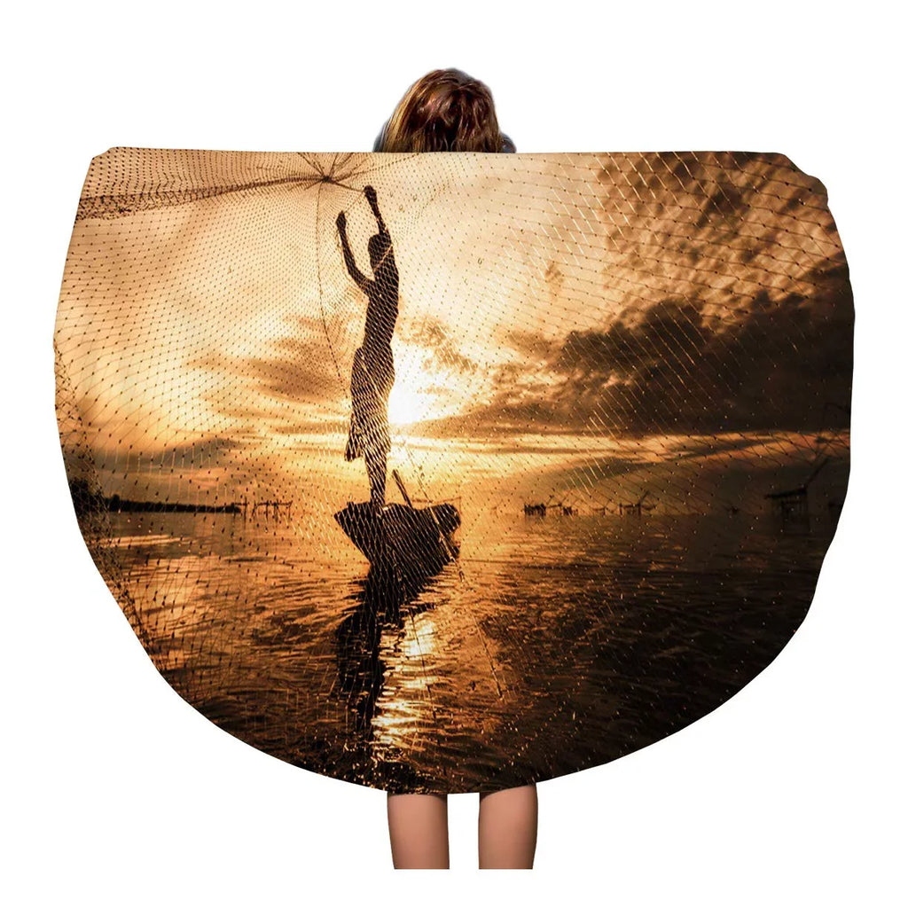 SIDONKU 60 inch Round Beach Towel Blanket Vietnam Silhouette Fisherman Fishing Nets Watercraft Thailand Lifestyle Cambodia Travel Circle Circular Towels Mat Tapestry Beach Throw