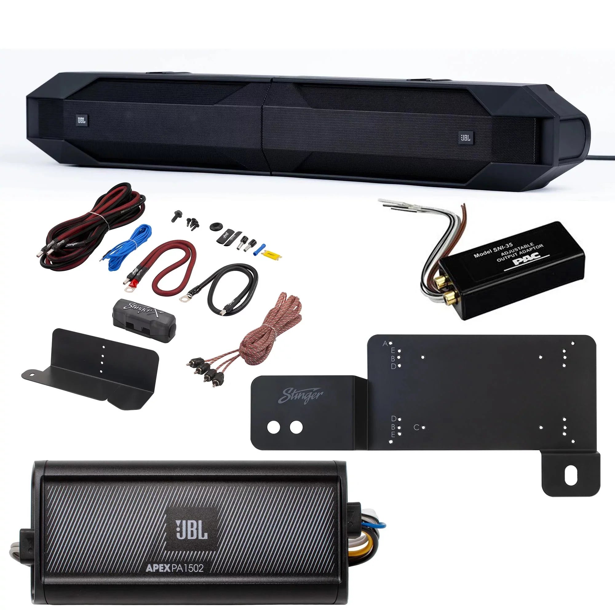 JBL JBLBB4005D - 5-Door Passive Sound Bar Suitable with Bronco with JBL Apex PA 1502 2 Channel Marine & Powersport Amplifier - 150 x 2 At 2-Ohms and Bronco Install Accessories