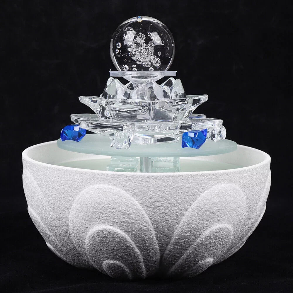 Desktop Water Fountain, Teahouse Desktop White Crystal Lotus Fountain Ornament Flowing Water Decor Office Waterfall Tabletop Fountain
