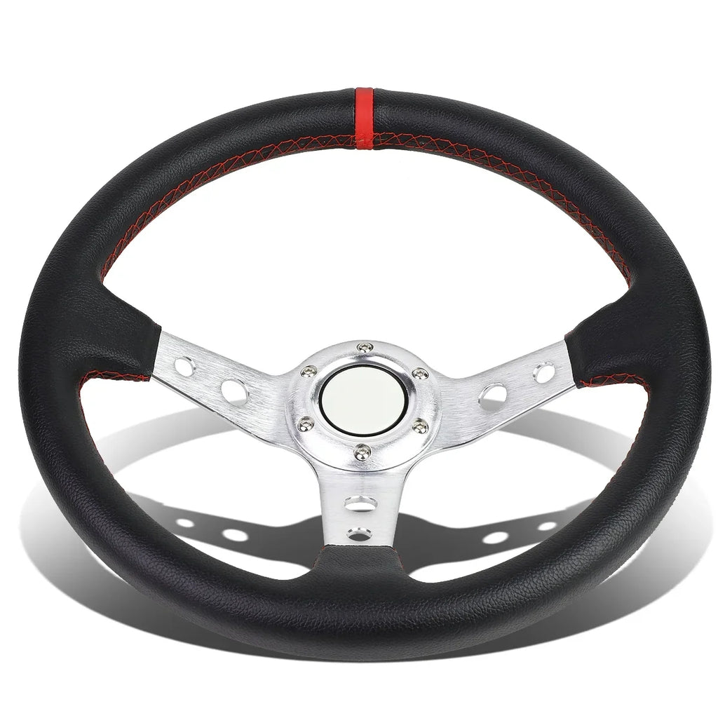 D Motoring SW-T520-SL-RD 350mm Silver 6-Bolt Spoke Red Stitched PVC Leather Racing Steering Wheel
