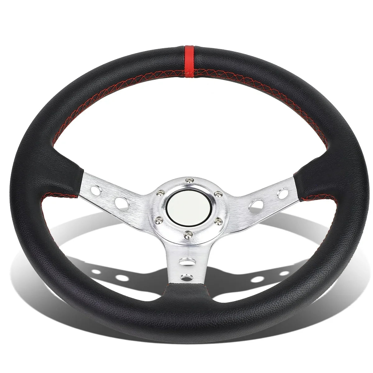 D Motoring SW-T520-SL-RD 350mm Silver 6-Bolt Spoke Red Stitched PVC Leather Racing Steering Wheel