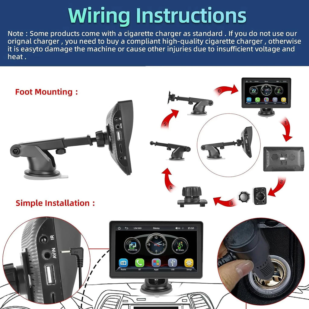 Podofo 12-30V 7" Portable Touch Screen Car Stereo Radio Wireless Carplay Android Auto Mirror Link FM Bluetooth TF/USB for Car Suv Van Pickup, with Backup Camera