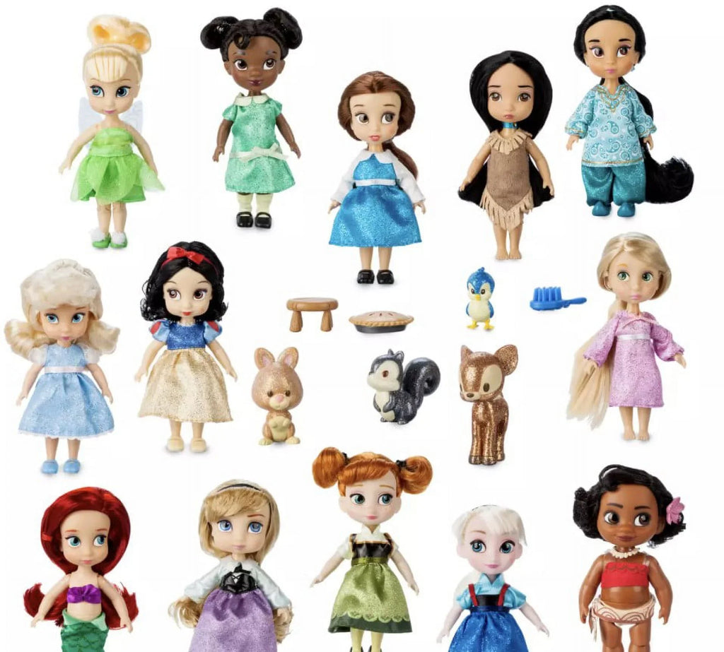 Disney Animators' Collection Mini Doll Gift Set 5'' NEW 2021 EDITION With Tinker Bell, Tiana, Belle, Pocahontas, Jasmine, Cinderella, Snow White, Rapunzel, Ariel, Aurora, Anna, Elsa, and Moana