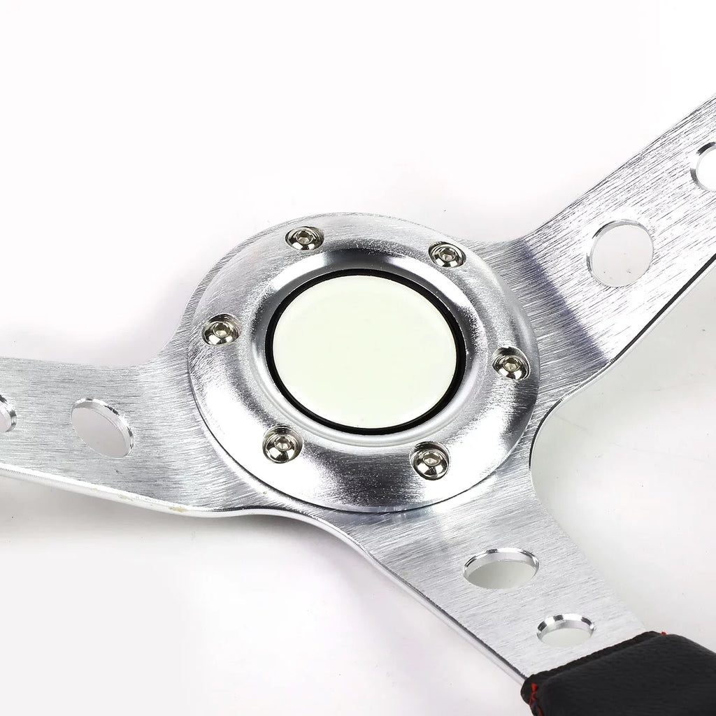 D Motoring SW-T520-SL-RD 350mm Silver 6-Bolt Spoke Red Stitched PVC Leather Racing Steering Wheel