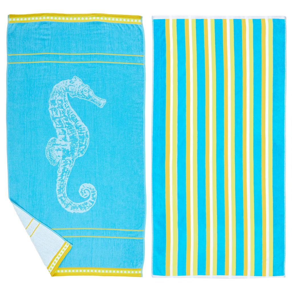 Outstanding Bay Home Cotton Printed 2-Pack Beach Towel (2 Pack - 30" x 60", Seahorse Blue / Yellow)