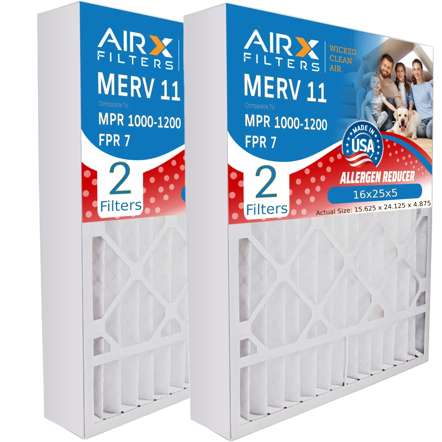 16x25x5 Air Filter MERV 11 Comparable to MPR 1000, MPR 1200 & FPR 7 Fitting with Air Bear 255649-105 Premium USA Made 16x25x5 Furnace Filter 2 Pack by AIRX FILTERS WICKED CLEAN AIR.