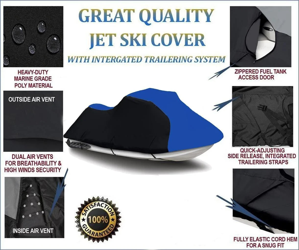 BLACK / BLUE HEAVY-DUTY, 600 DENIER PWC Jet Ski Wrap Suitable for 1994 1995 1996 1997 1998 Kawasaki STX 750 Trailerable