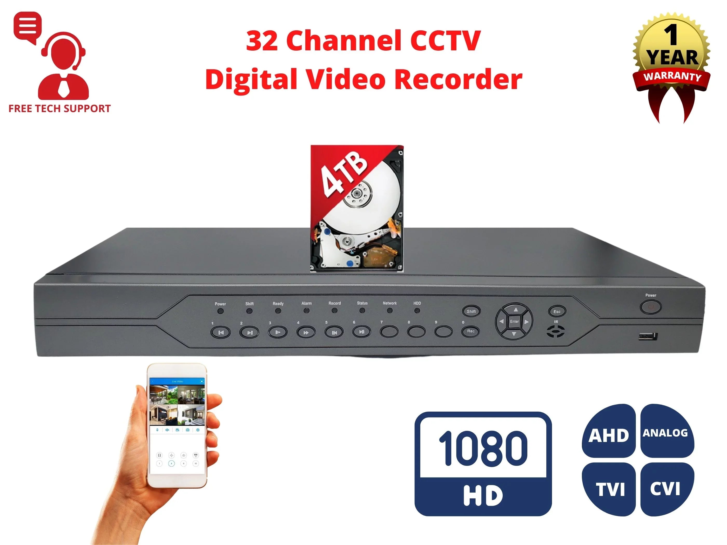 Evertech 32 Channel H.265 DVR with 4TB Hard Drive for Recording HD Surveillance Video Recorder for Security Camera Easy Remote Access