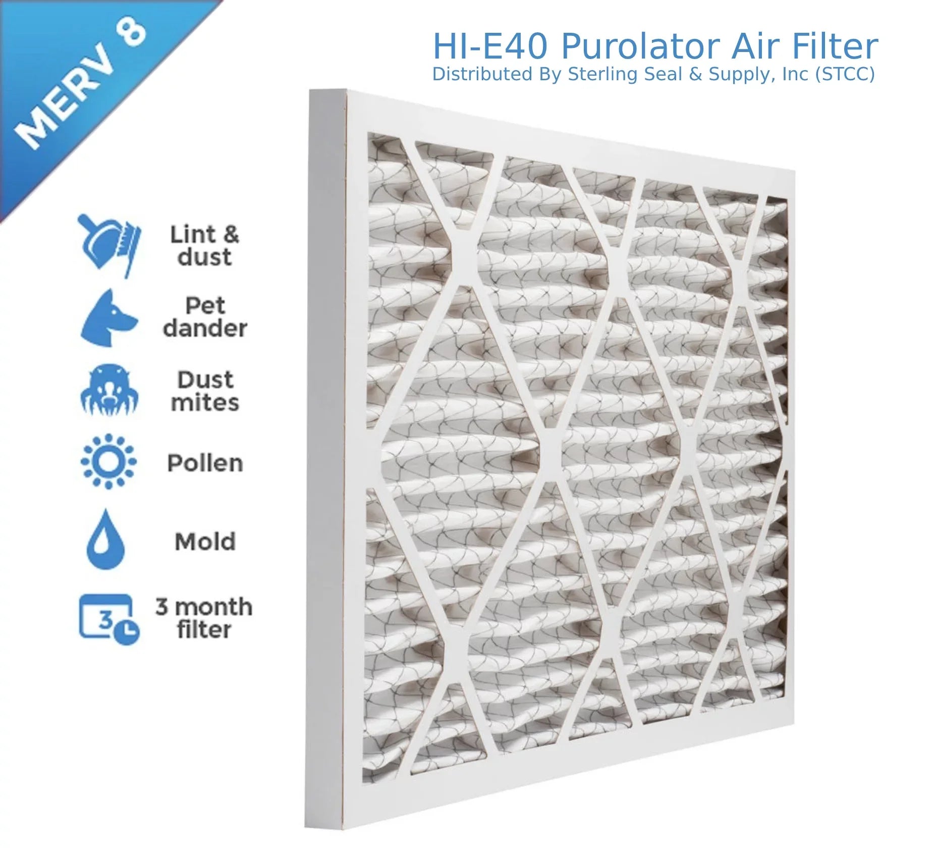 14x25x1, Purolator Hi-E 40 Extended Surface Pleated Air Filter, Mechanical MERV 8, (6 Pack)