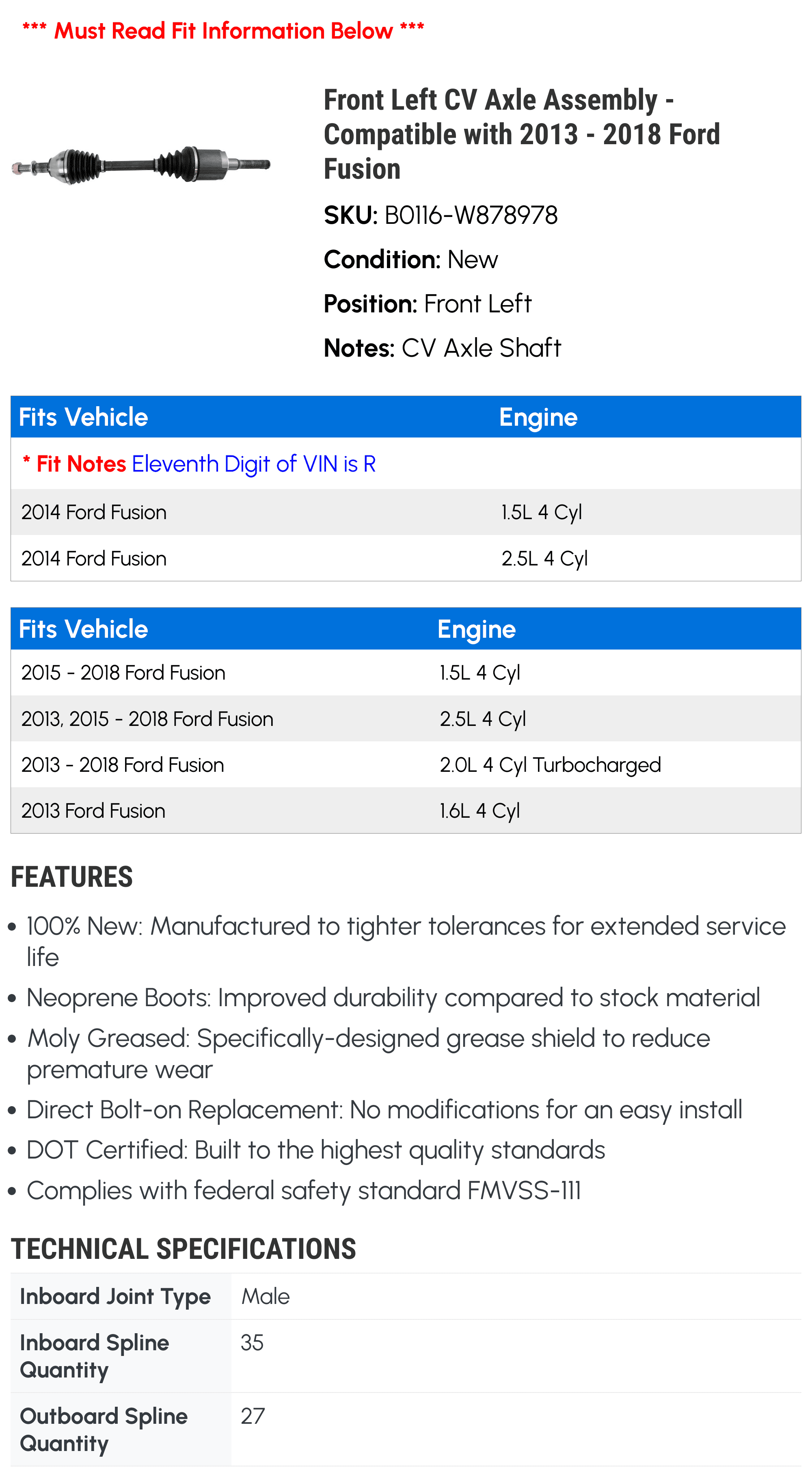 Front Left CV Axle Assembly - Matching with 2013 - 2018 Ford Fusion 2014 2015 2016 2017