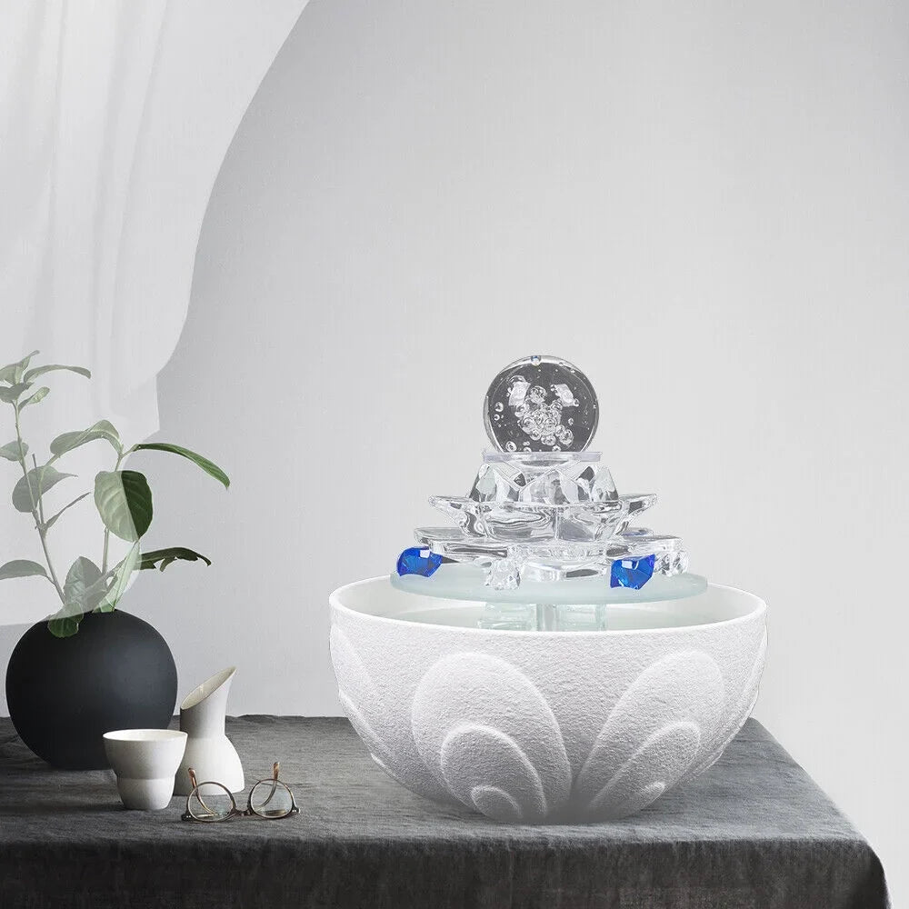 Desktop Water Fountain, Teahouse Desktop White Crystal Lotus Fountain Ornament Flowing Water Decor Office Waterfall Tabletop Fountain