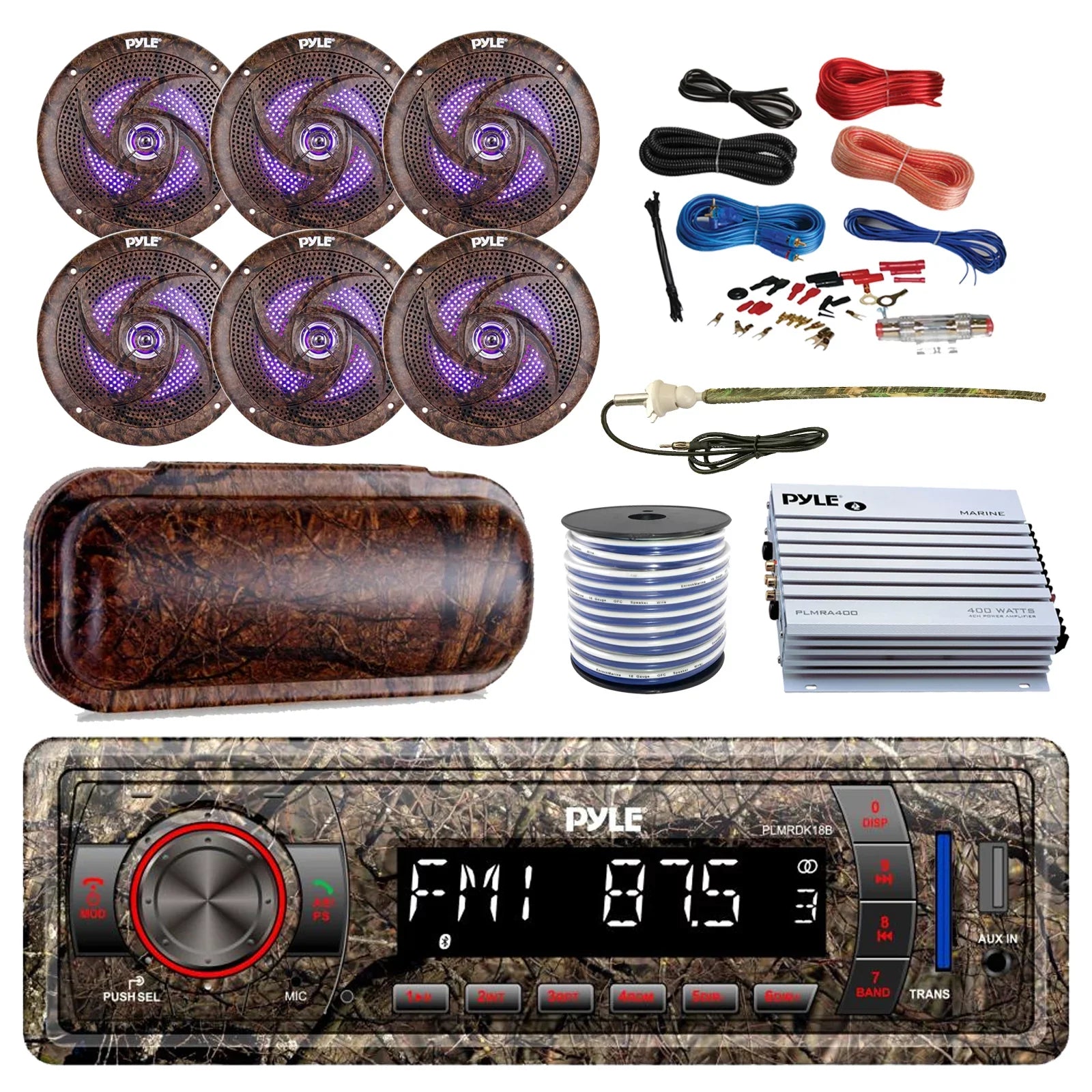 Pyle Marine DIN Bluetooth MP3 USB AUX Camo AM/FM Radio, 6x 6.5" Waterproof Camouflage LED Speakers, Elite Series 4-Channel Amplifier, Stereo Protection Enrock Antenna, 18-G 50 Ft Wire, Amp Install Kit