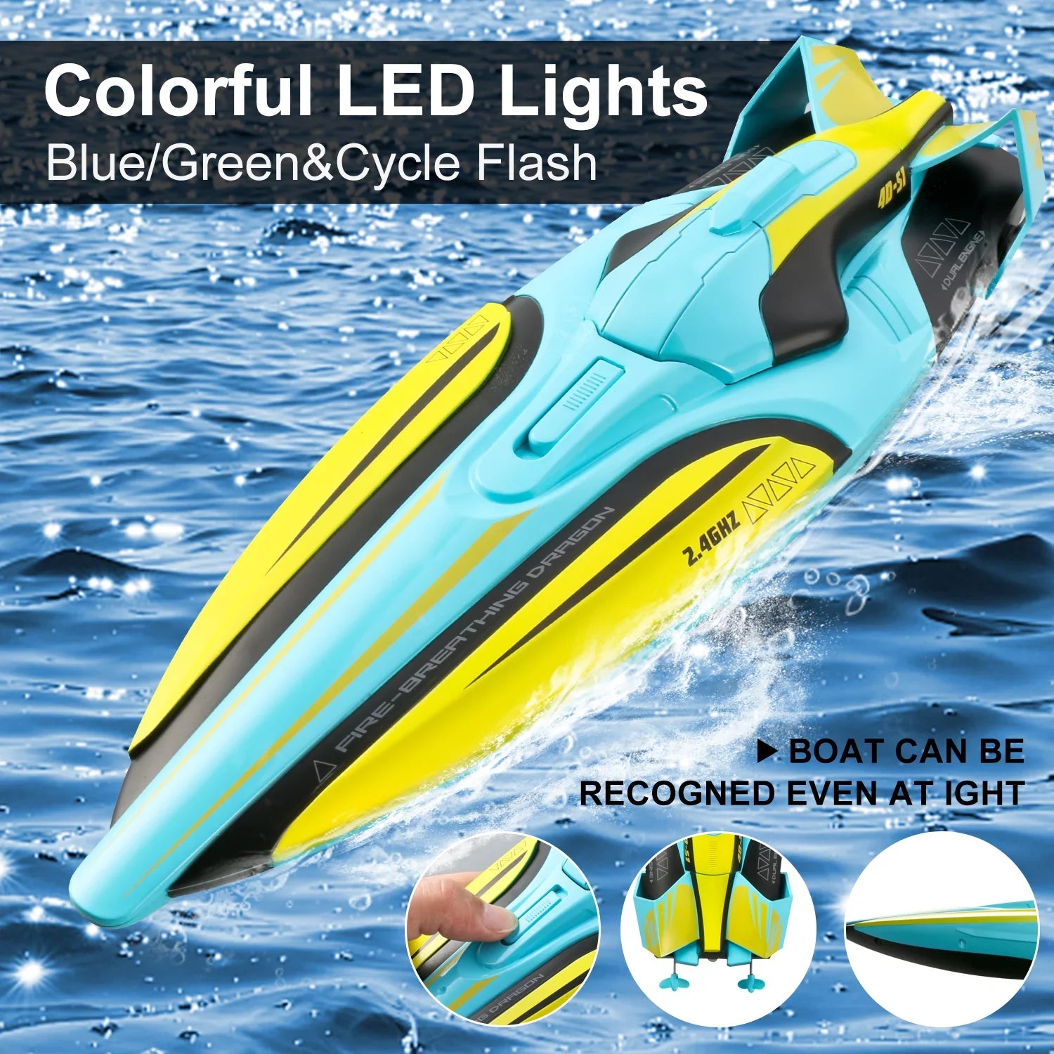 4DRC S1 RC Vessel - Remote Control Ship for Pools and Lakes, 4 Channel 2.4GHZ Remote Control, and Rechargeable Vessel Battery，Yellow