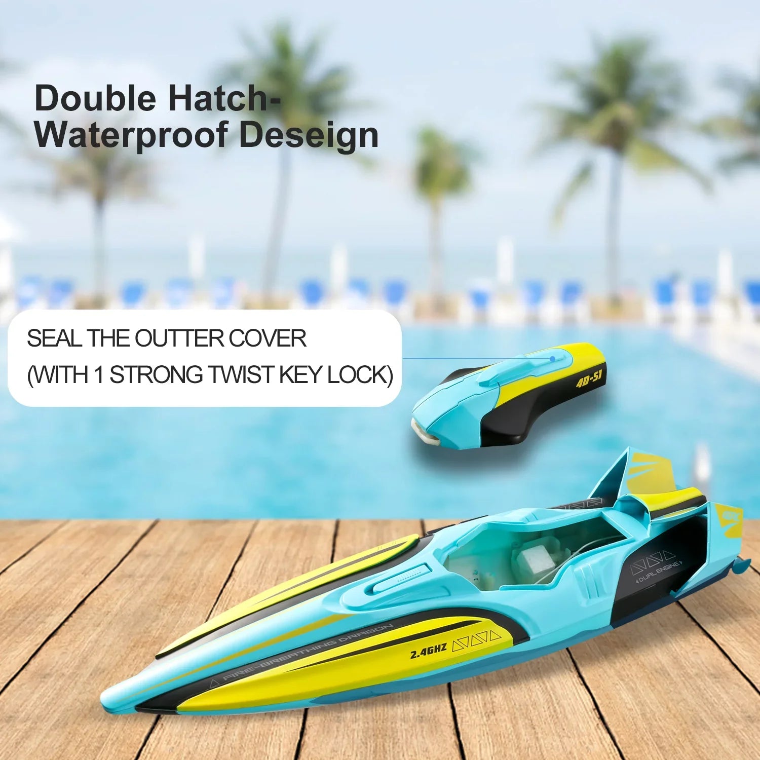 4DRC S1 RC Vessel - Remote Control Ship for Pools and Lakes, 4 Channel 2.4GHZ Remote Control, and Rechargeable Vessel Battery，Yellow