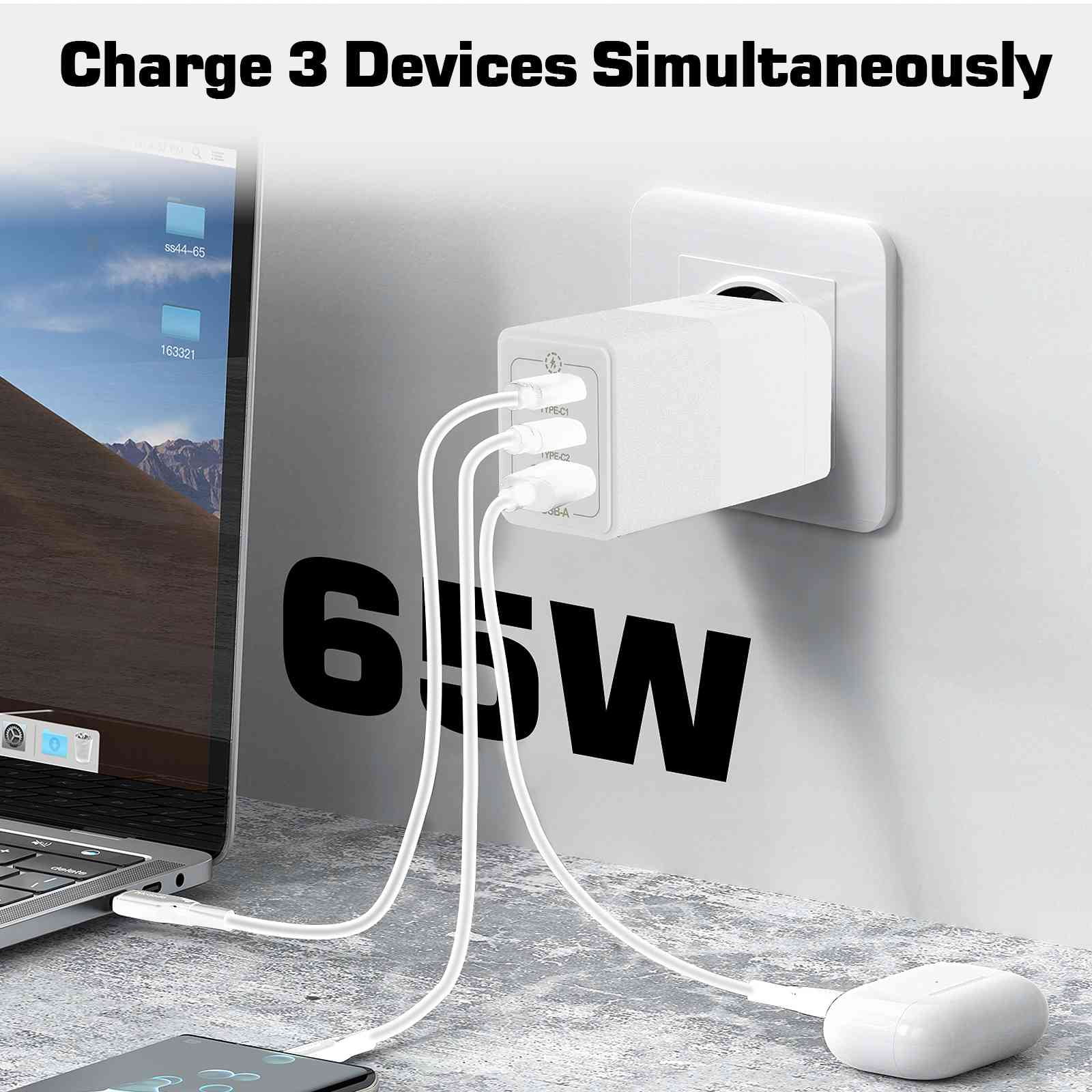 UrbanX 65W Fast Travel Charger with 3 Ports USB & Dual USB-C High-Speed Charging Suitable with Ulefone Power Armor 16 Pro/Armor 15/Power Armor 14 Pro/Power Armor 14/Armor 12 5G, iPhone, Samsung