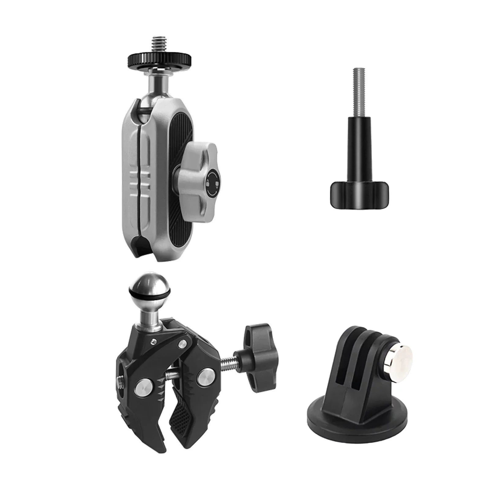 Aluminum Alloy Camera Mount Clamp - Bicycle Handlebar Adapter, 1.5kg Load Capacity, Dual Rotatable Ball Head, Adapter, Matching with AKASO, DJI, Hero 11/10/9/8/7, Insta360