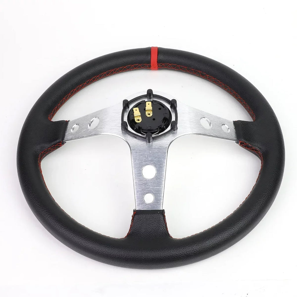 D Motoring SW-T520-SL-RD 350mm Silver 6-Bolt Spoke Red Stitched PVC Leather Racing Steering Wheel