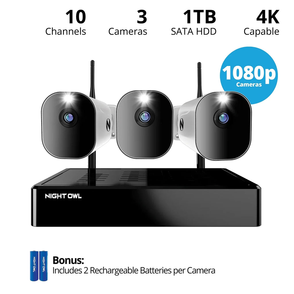 Night Owl 10 Channel 4K Wi-Fi NVR with 1TB Hard Drive and 3 Wire Free (Battery) 1080p HD Spotlight Cameras