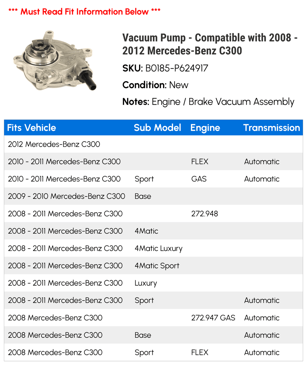 Vacuum Pump - Fitting with 2008 - 2012 Mercedes-Benz C300 2009 2010 2011