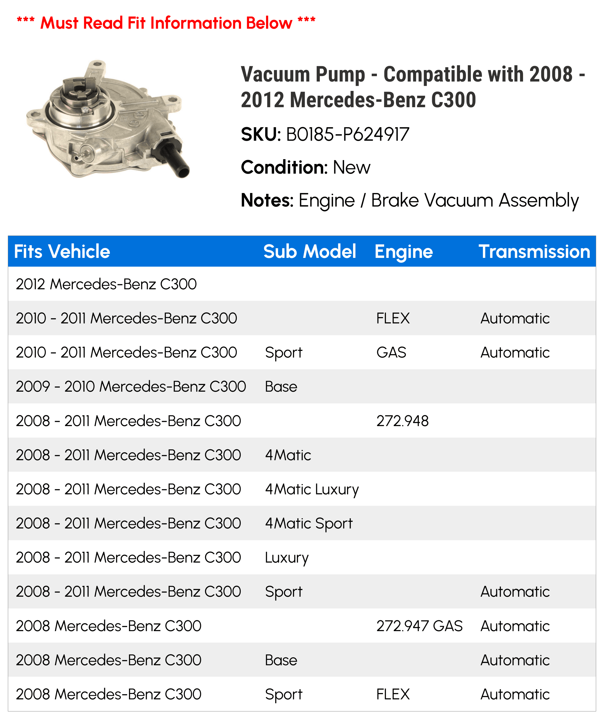 Vacuum Pump - Fitting with 2008 - 2012 Mercedes-Benz C300 2009 2010 2011
