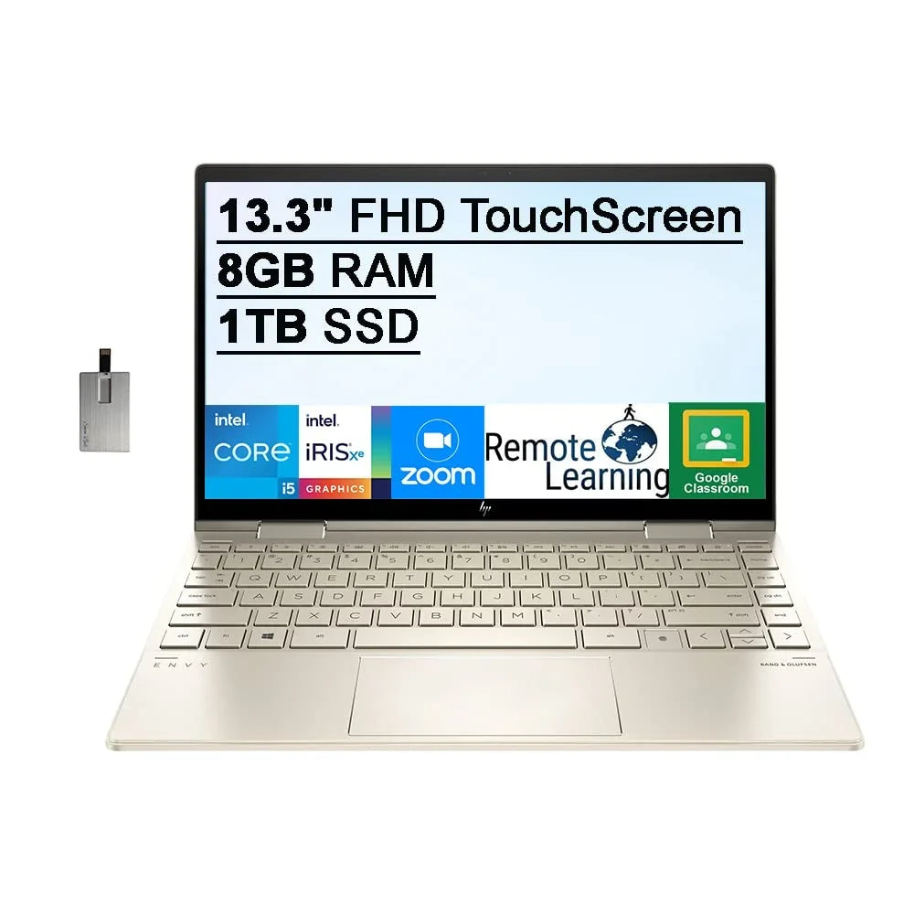 HP 2021 Envy X360 2-in-1 13.3" FHD Touchscreen Laptop, Intel Core i5-1135G7 (Beats i7-1065g7), 8GB RAM, 1TB PCIe SSD, Backlit Keyboard, Iris Xe Graphics, Webcam, Windows 11, Gold, 32GB USB Card