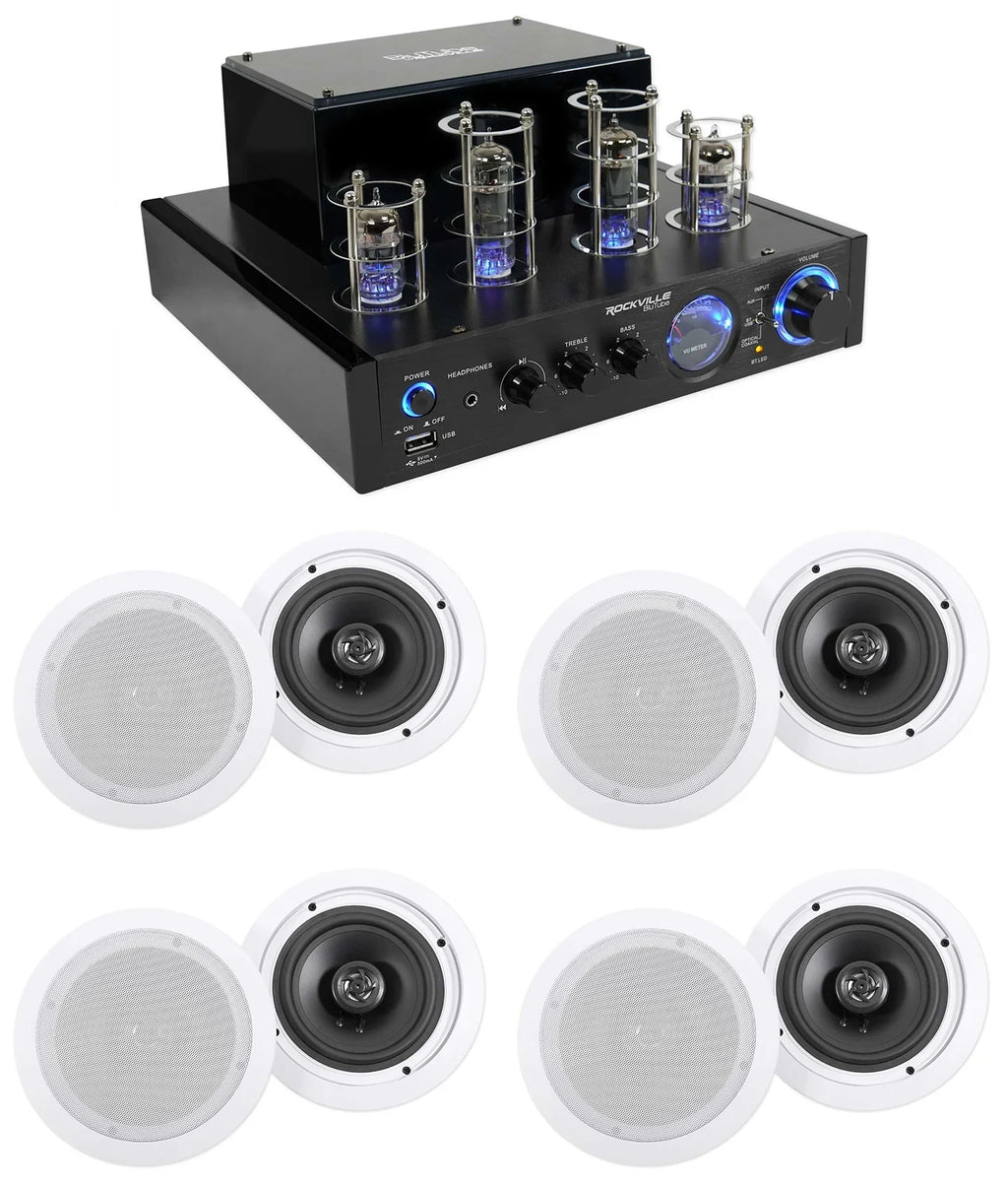 Rockville LED Tube Amp/Home Theater Receiver+(8) 6.5" White Ceiling Speakers