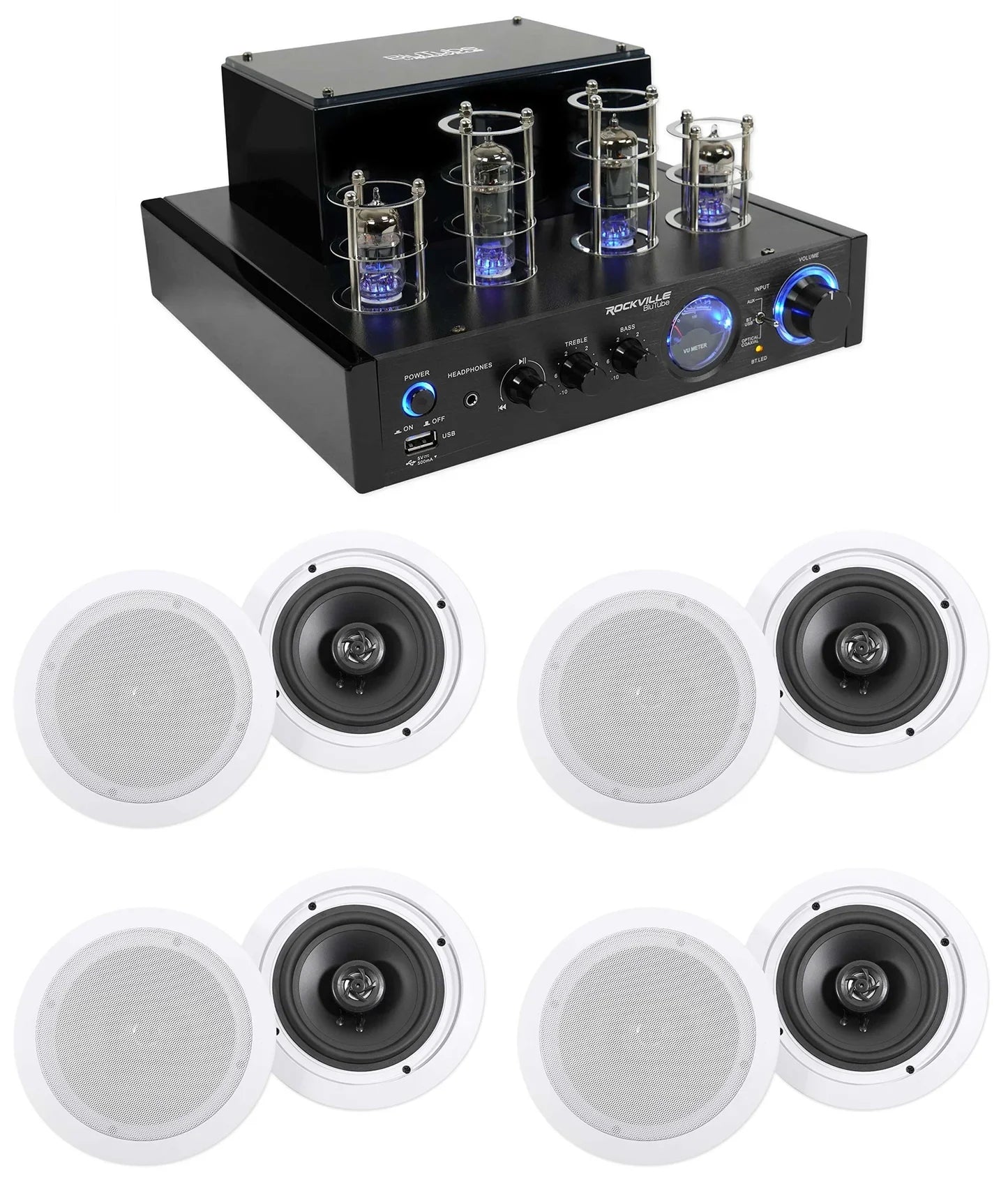 Rockville LED Tube Amp/Home Theater Receiver+(8) 6.5" White Ceiling Speakers