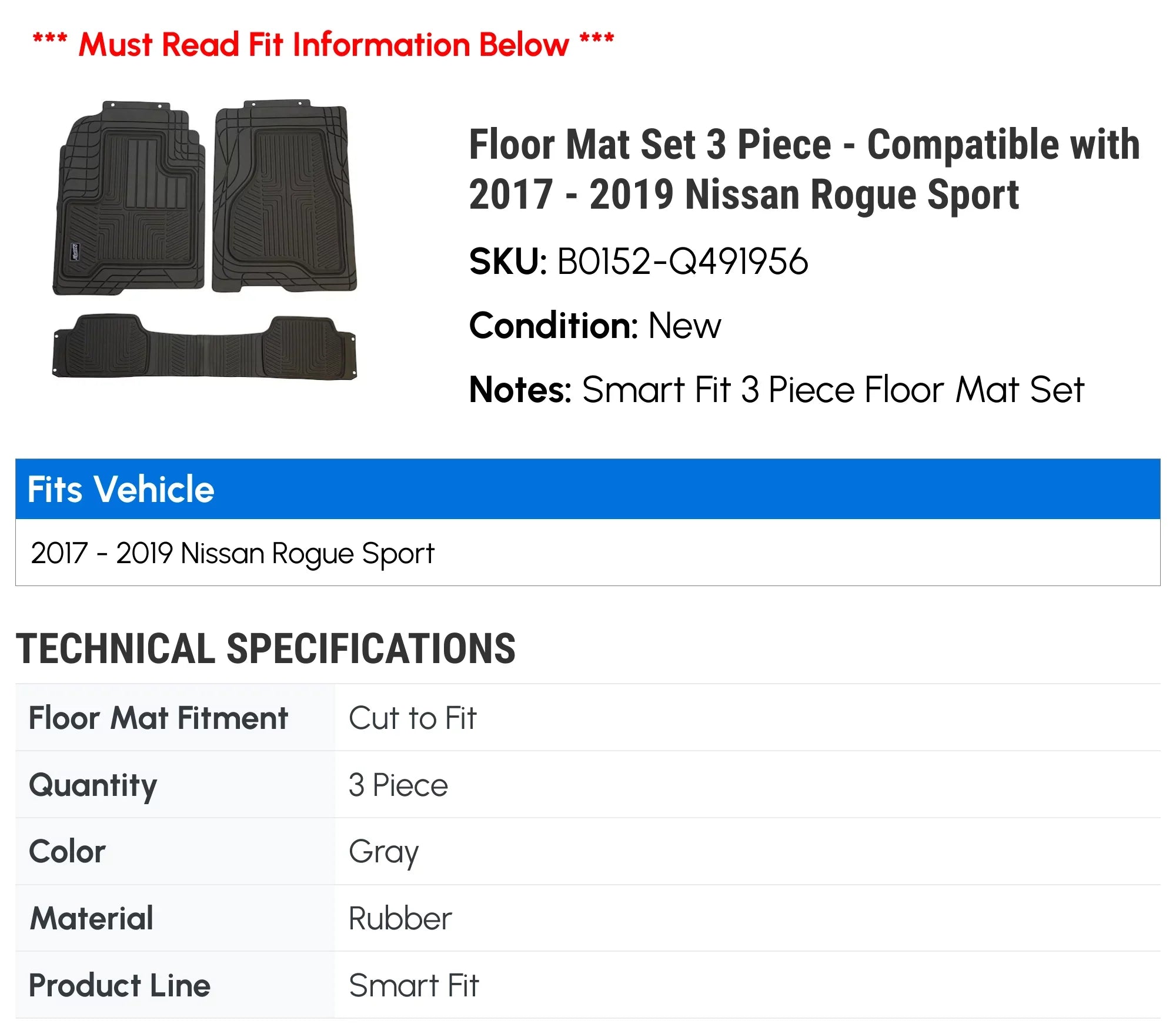 Floor Mat Set 3 Piece - Matching with 2017 - 2019 Nissan Rogue Sport 2018